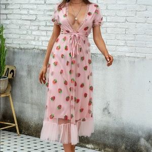 Pink Strawberry Sequin Mesh Midi Dress